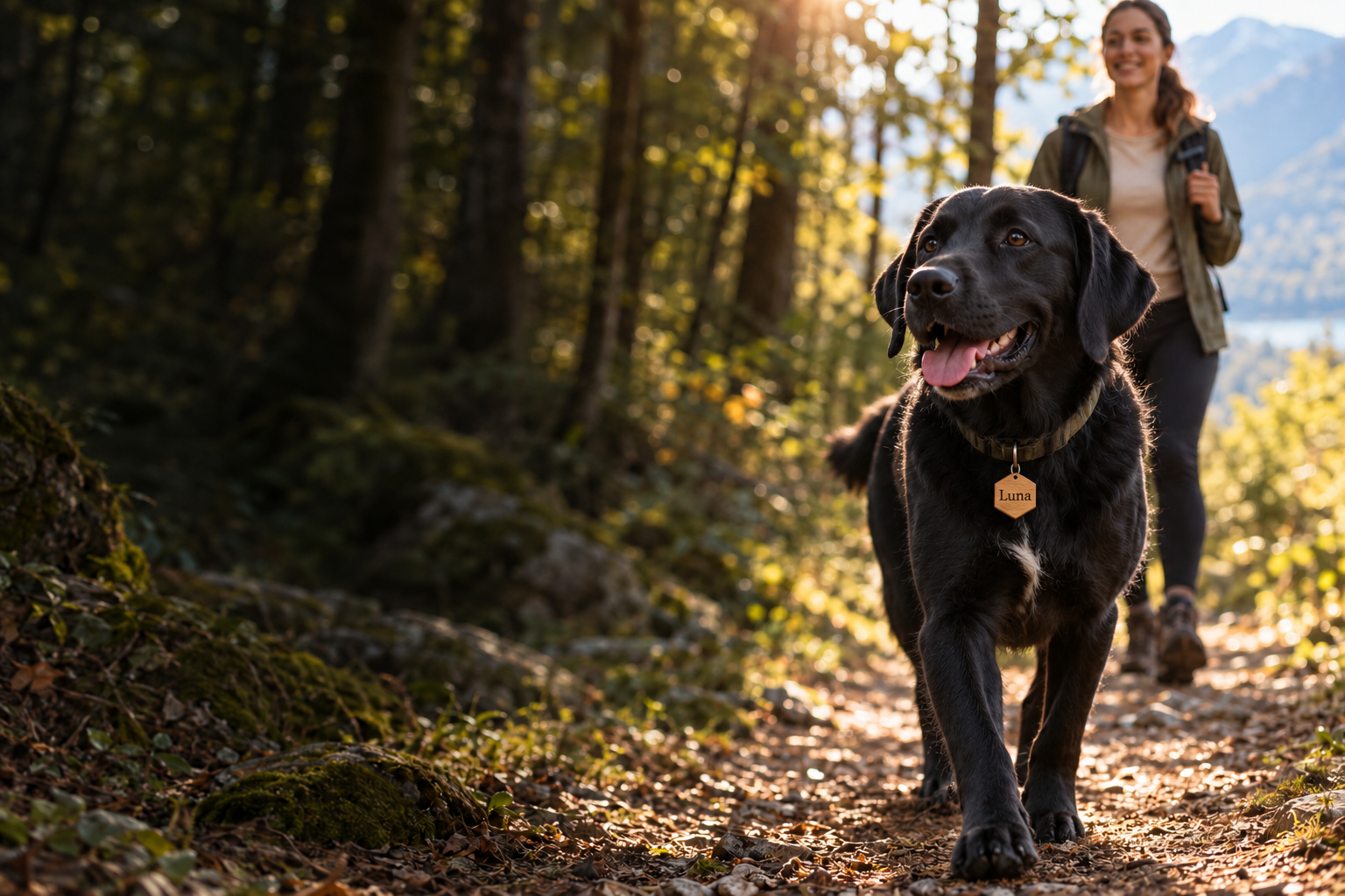 Črna labradorka Luna z belim koščkom dlake na prsih in lesenim obeskom Luna na gozdnem sprehodu